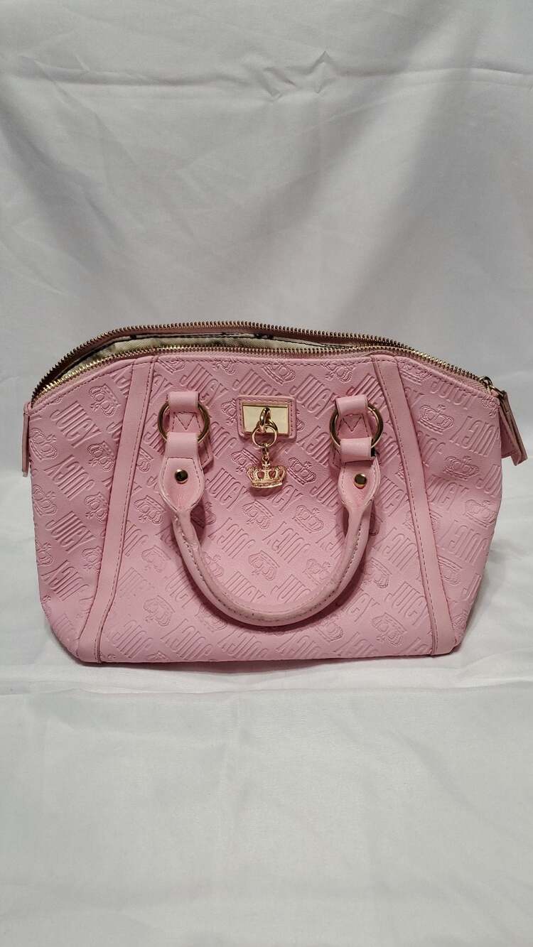 Juicy Couture Pink Embossed Logo Dome Satchel Handbag with Crown Charm